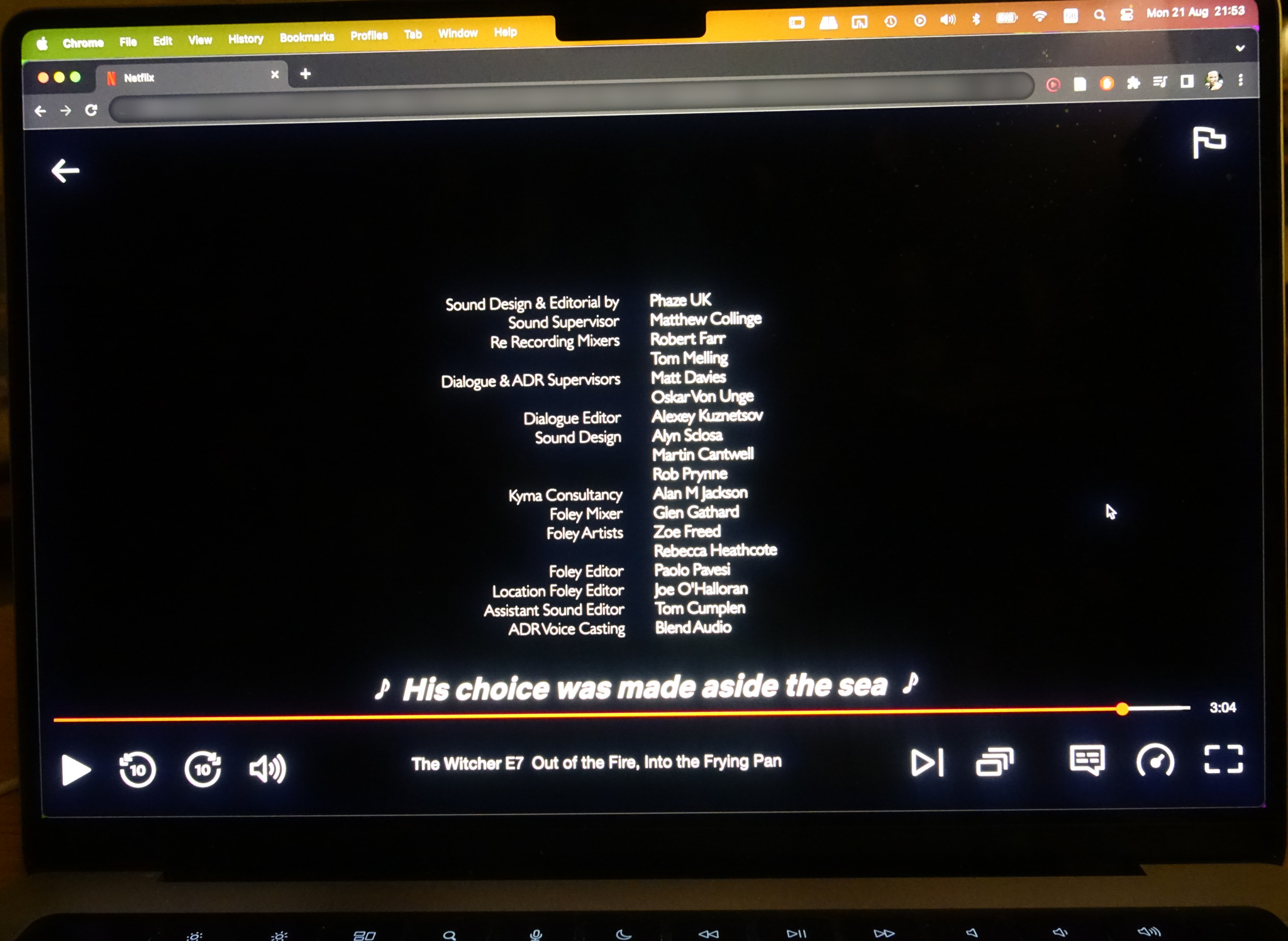 Screenshot of the closing credits for Witcher E7 crediting sound designers from Phaze UK and Alan Jackson, Kyma consultancy